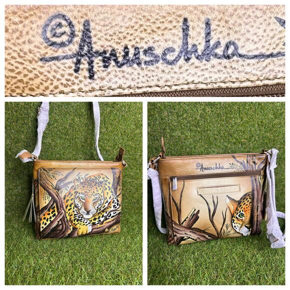 Anuschka Hand Painted Leopard Leather Crossbody Organizer NWT - Picture 1 of 12